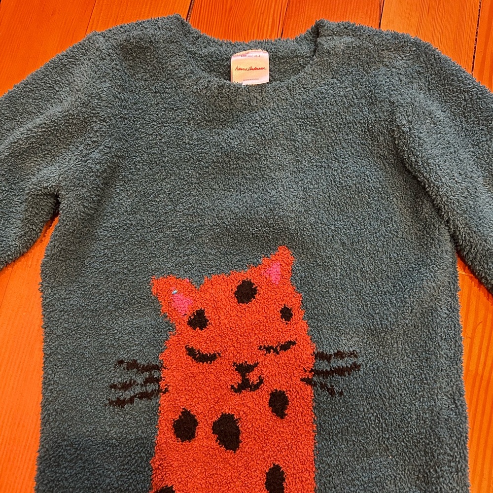Cozy Teal Hanna Anderson Sweater with Orange Cat Design